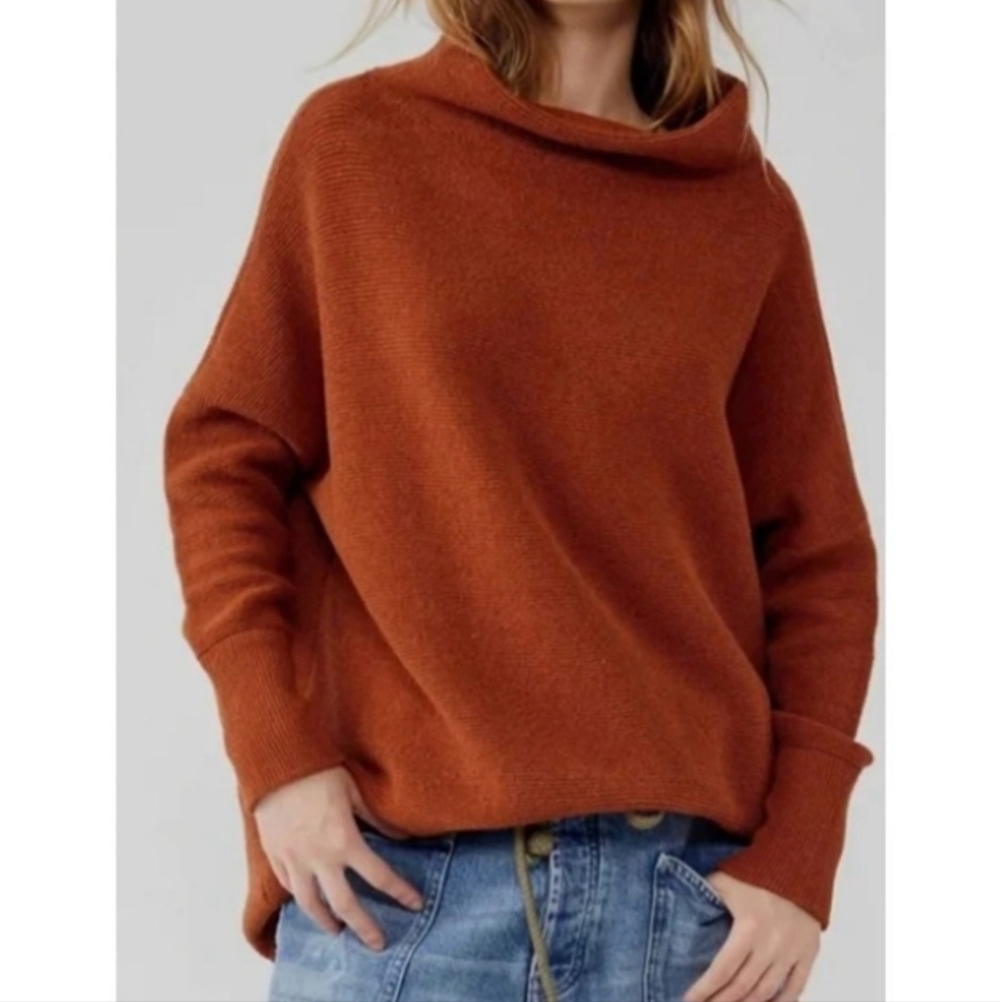 Free People Ottoman Slouchy Turtleneck Oversized Tunic Sweater Rust Orange
